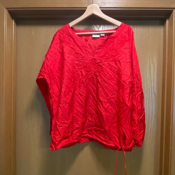 100% Silk CHICO'S Red Long Sleeve Floral Blouse Lagenlook Women Sz 3 XL - Picture 1 of 4